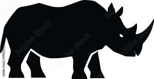 Black rhinoceros silhouette illustration in profile with two horns, large body, and thick legs symbolizing wildlife and conservation design