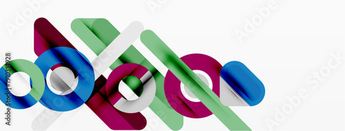 Abstract design features colorful overlapping circles, rectangles. Modern composition utilizes vibrant hues, creating dynamic visual effect.