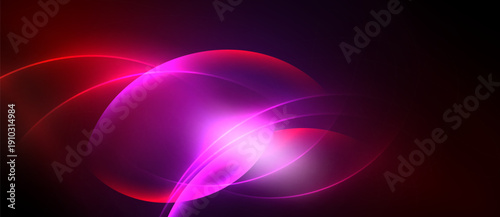 Abstract vibrant swirls, luminous pinks, reds blend into dark background. Smooth gradients create dynamic visual impact.