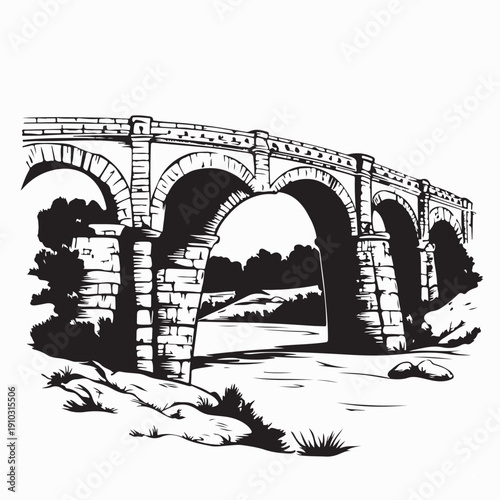 Pont Du Gard vector. Black and white Pont Du Gard Image Vector