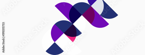 Abstract shapes overlap, creating dynamic composition. Purple, indigo hues dominate white background. Modern design element.