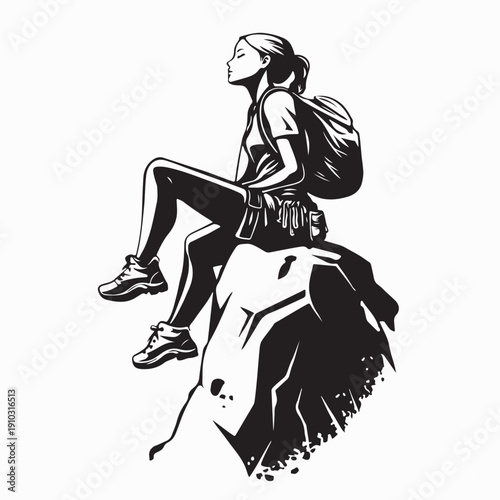 Young hiker female sitting on the mountain summit cliff image vector