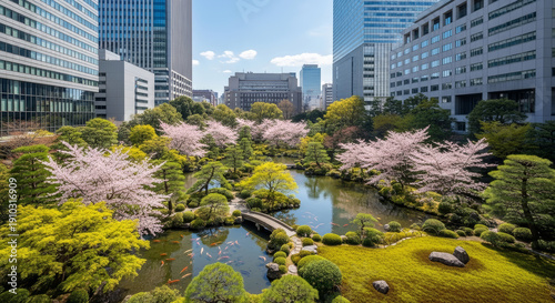 ビルの谷間の桜と新緑の日本庭園