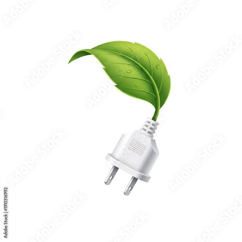 Green energy concept with white electric plug and fresh leaf isolated on white background. Sustainable power, eco-friendly electricity icon, mockup.