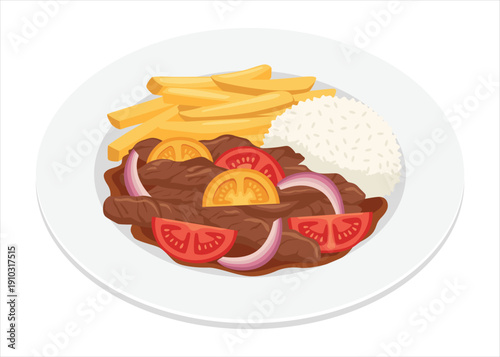 Peruvian Lomo Saltado Beef Stir Fry with Fries and Rice Flat Vector Illustration