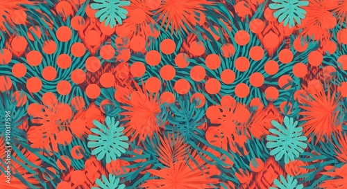 Bold tropical pattern featuring coral orange monstera leaves, palm fronds, and circular shapes on turquoise teal background, vibrant retro-inspired botanical design perfect for textile wallpaper or mo
