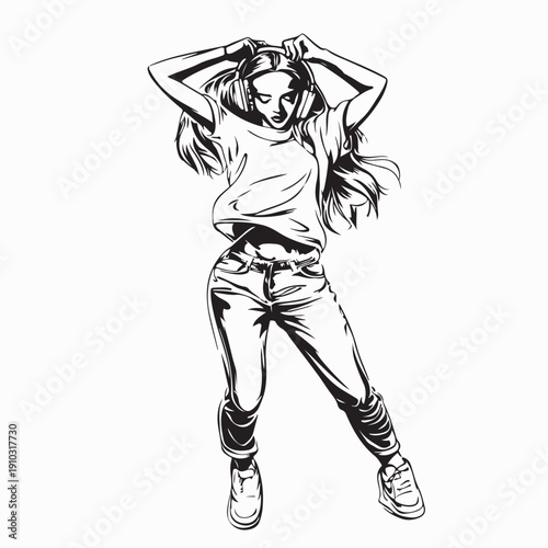 Dancing confident woman in casual listening music with headphones vector