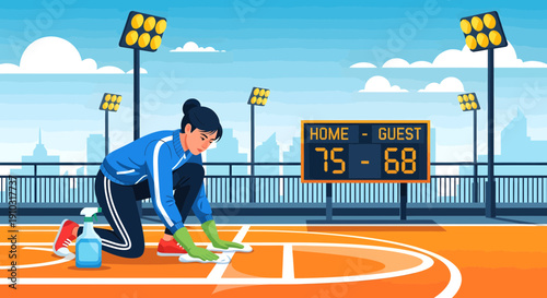 Woman Cleaning Basketball Court After Game with Scoreboard.