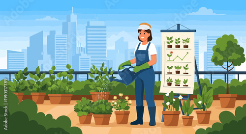Woman Gardening on Rooftop with Cityscape Backdrop.
