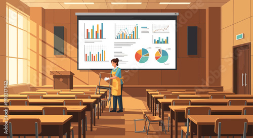 Classroom Presentation Woman Presenting Data Charts in a Lecture Hall.