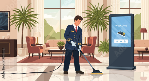 Hotel Staff Vacuuming Lobby with Digital Kiosk Nearby.