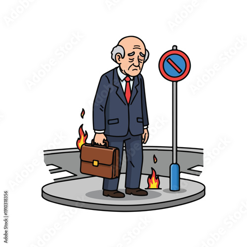 A cartoon man with a burning briefcase