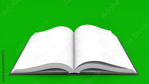 Open book with turning page on green background