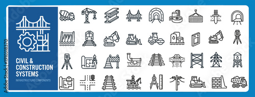 Civil Engineering and Construction Outline Vector Icon Set — Infrastructure Systems and Building Editable Stroke Icons for Web and App UI