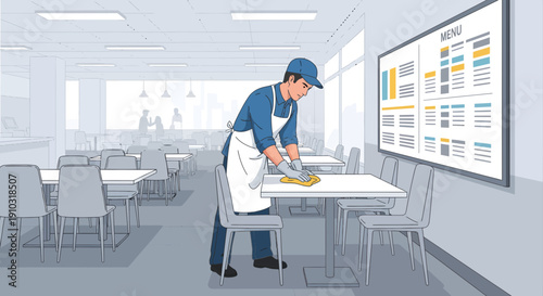 Restaurant worker cleaning table in dining area with menu board.
