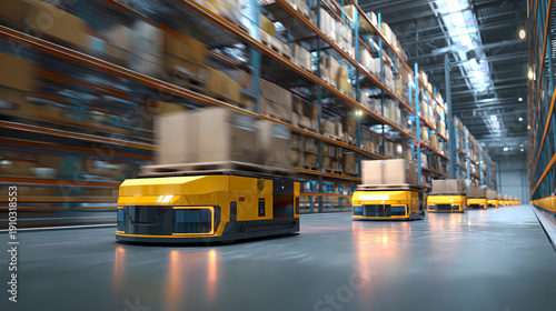 Automated guided vehicles AGVs moving products in a smart warehouse with high efficiency and speed, Generative AI illustrations.