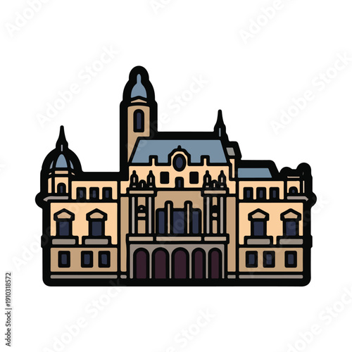 A large beige building with a tall tower and gray roof