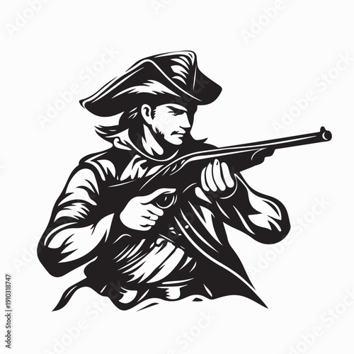 American Patriot Militia Musket Retro Black and White Image Vector
