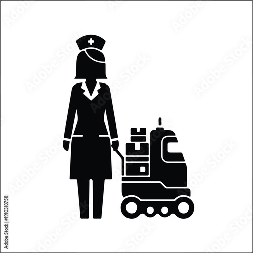 silhouette nurse standing with medical robot delivering supplies technology vector design