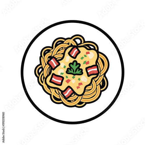 A plate of spaghetti with bacon and lettuce