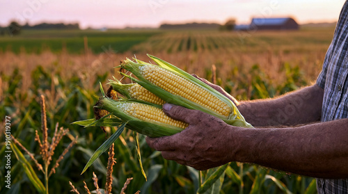 Farmer holding fresh corn harvest in field at sunset, organic agriculture concept