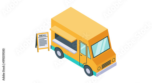 Yellow Food Truck with Open Menu Board.
