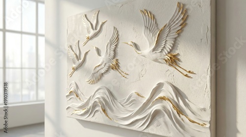 Sculptural wall art of five textured white cranes with gold accents soaring above stylized waves in soft natural light