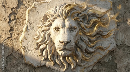 Detailed stone lion head carving with flowing mane casting natural light shadows on textured wall