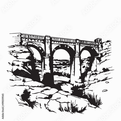 Pont Du Gard vector. Black and white Pont Du Gard Image Vector
