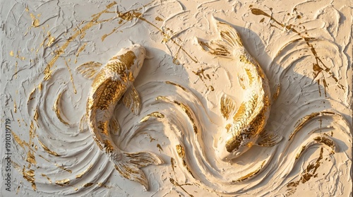 Elegant sculptural koi fish swimming in circular raised white and gold textured water patterns with dynamic flowing movement