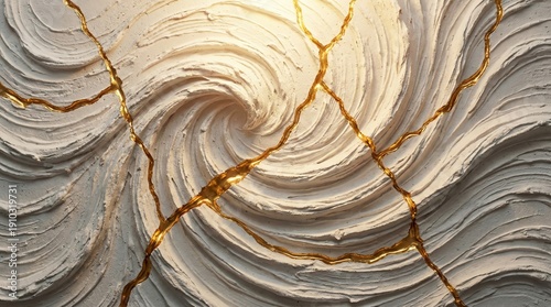 Textured wall art with swirling spiral patterns and gold-filled cracks highlighting beauty in imperfection and elegance in contrast