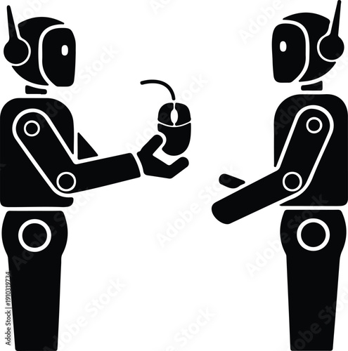 silhouette two robots exchanging computer mouse technology future automation vector design