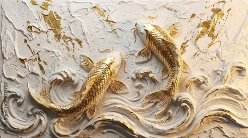 Three-dimensional golden koi fish swimming through sculptural stylized waves on a textured neutral background