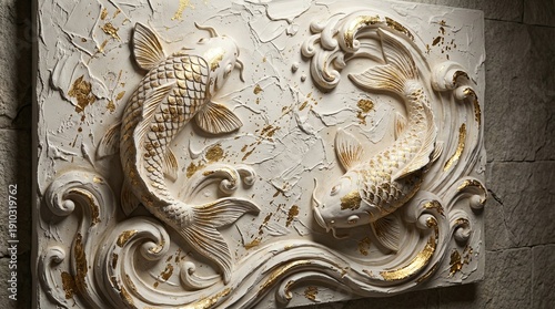 Elegant white and gold koi fish sculpted in dynamic waves with textured surfaces symbolizing strength and good fortune in a serene artistic wall relief