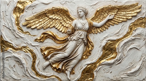 Golden-winged marble sculpture of a flowing draped female figure with wave-like patterns and ethereal grace