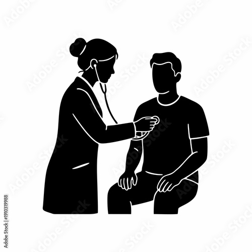 Female doctor examining male patient with stethoscope  silhouette illustration