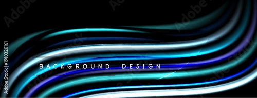 Abstract flowing lines create dynamic background. Blue, white, purple hues blend seamlessly against black space. Modern design element.