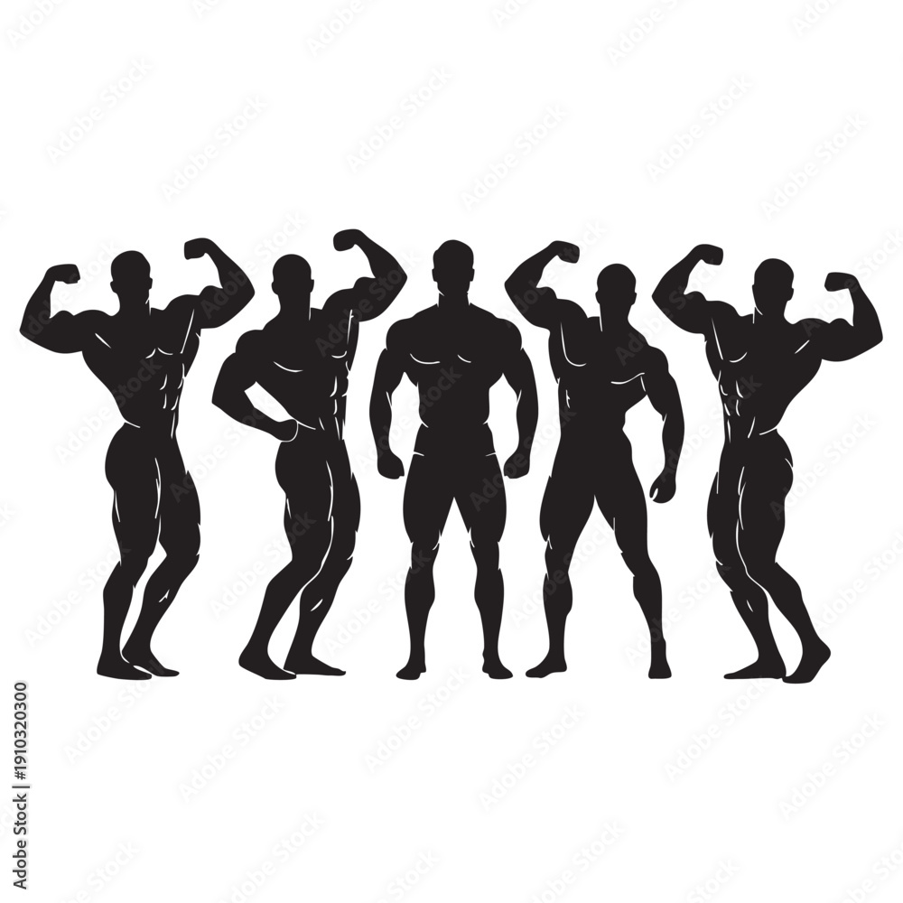 Fototapeta premium Silhouette illustration of muscular bodybuilders posing and flexing together as a team