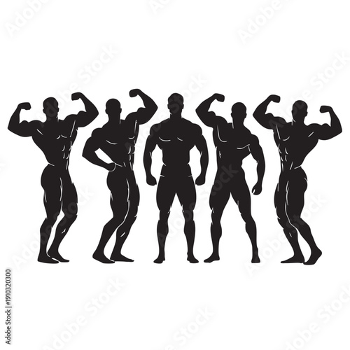 Silhouette illustration of muscular bodybuilders posing and flexing together as a team