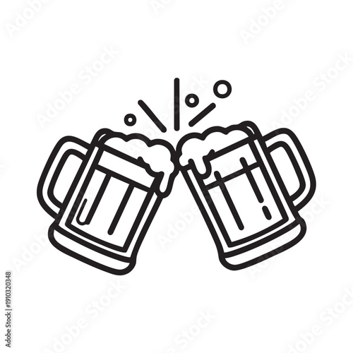 Two beer mugs cheering with foam outline vector illustration design