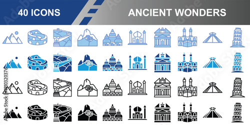 Ancient Wonders Icon Set, World Heritage Landmarks, Famous Historical Monuments, Global Cultural Sites, Flat Vector Collection