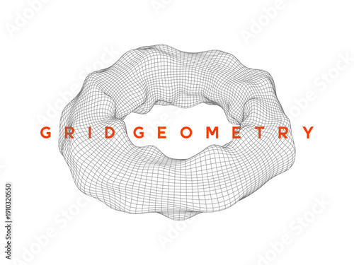 Distorted wireframe torus shape with organic, fluid mesh design. Mathematical mesh shape for futuristic tech design, science and digital projects.
