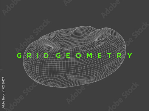 Distorted wireframe torus shape with organic, fluid mesh design. Mathematical mesh shape for futuristic tech design, science and digital projects.