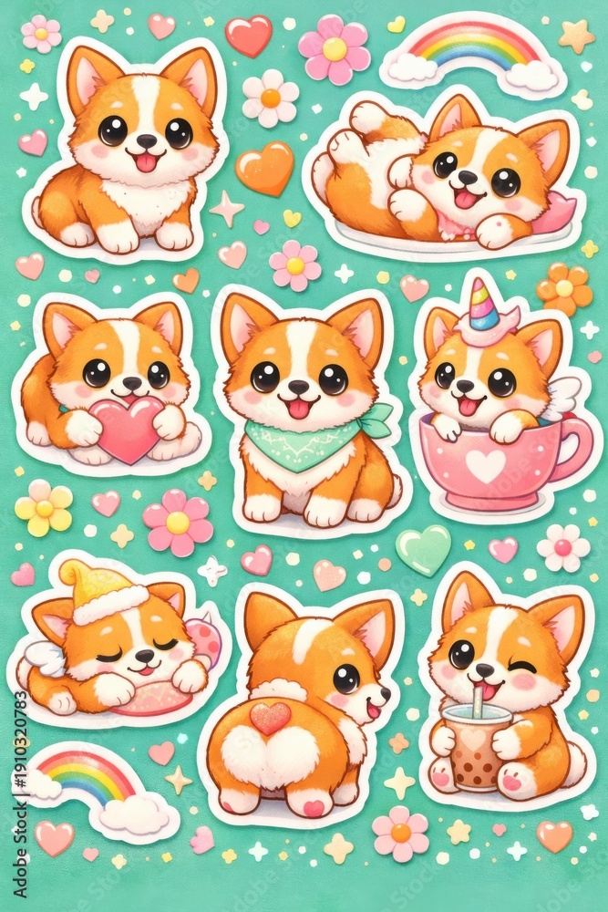 Obraz premium Lively sticker page featuring chubby corgi pups in playful poses with hearts, rainbows, and bubble tea, ideal for planners, school supplies, pet branding, and cute decor.