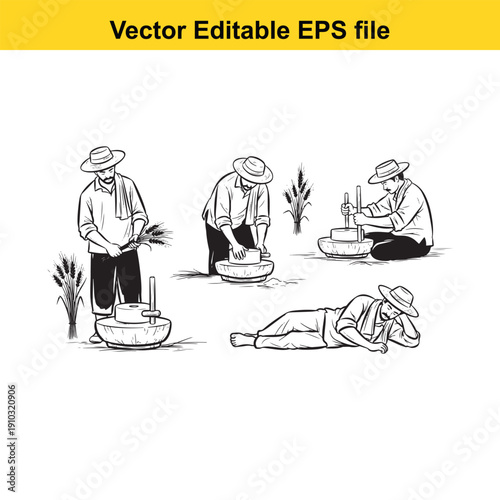  farmers working in the field with various crops and tools