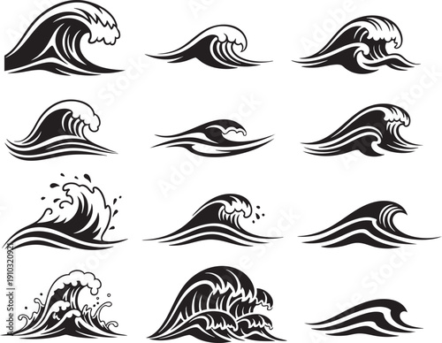  Ocean wave silhouette set of stylized black and white illustrations