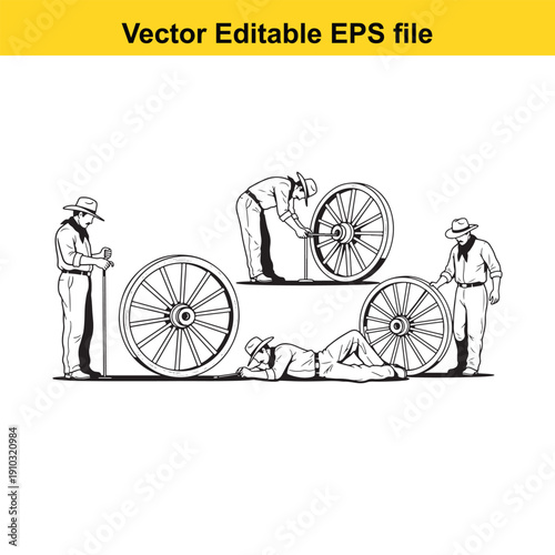  three men working on large wagon wheels