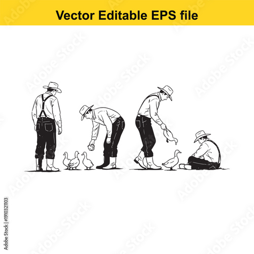  man interacting with chickens in various poses