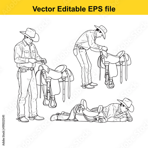  cowboy preparing saddle