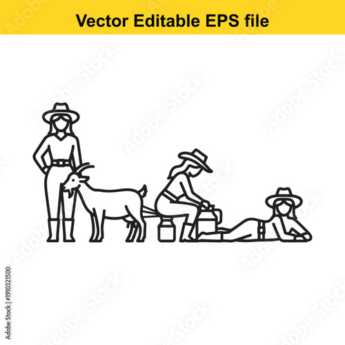  three people and a goat in a relaxed scene